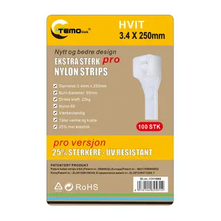 Nylon strips 3.4x250 Hvit 100 stk