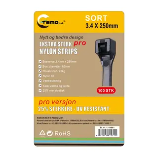 Nylon strips 3.4x250 Sort 100 stk