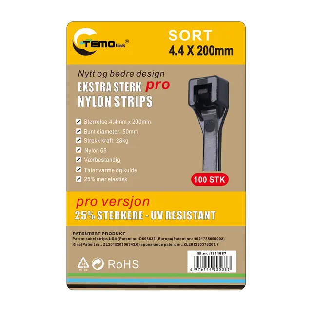 Nylon strips 4.4x200 Sort 100 stk 