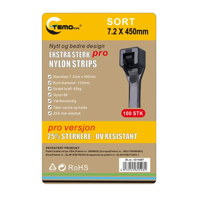 Nylon strips 7.2x450 Sort 100 stk 