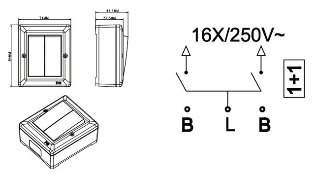 Bryter IP55 16A/1+1 sort 1+1 pol 
